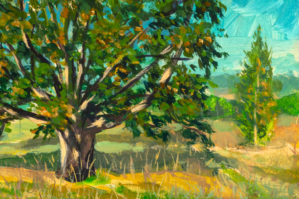 Acrylic oil painting big old oak tree, beautiful spring autumn landscape in watercolor - countryside landscape nature illustration on canvas Acrylic oil painting big old oak tree, beautiful spring autumn landscape in watercolor - countryside landscape nature illustration on canvas old oak tree stock illustrations