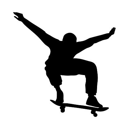 Black silhouette of skateboarder isolated on white background. Skateboard guy. Skateboarding trick ollie. Jump on a skateboard.