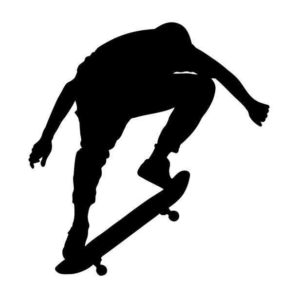 illustrations, cliparts, dessins animés et icônes de silhouette noire de skateboarder isolé sur le fond blanc. type sautant avec la planche à roulettes. skate trick ollie. sport extrême. illustration vectorielle. - ollie