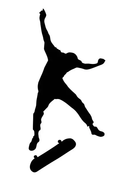 Vector illustration of Black silhouette of skateboarder isolated on white background. Guy jumping with skateboard. Skate trick ollie. Extreme sport. Vector illustration.