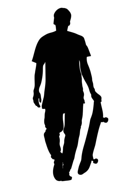 ilustrações de stock, clip art, desenhos animados e ícones de black silhouette of skateboarder isolated on white background. the guy walks with skateboard in his hand. casual style. extreme sport. vector illustration. - skateboarding skateboard silhouette teenager