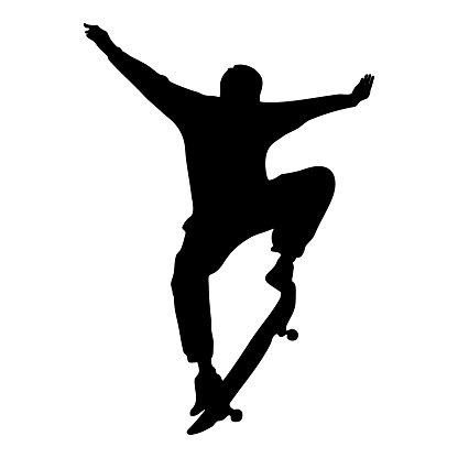 Black silhouette of skateboarder isolated on white background. Skateboard guy. Skateboarding trick ollie. Jump on skateboard.