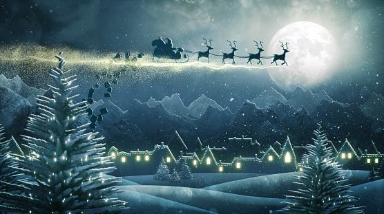 Digitally generated image of Santa's sleigh flying over a snow covered village and delivering Christmas presents.