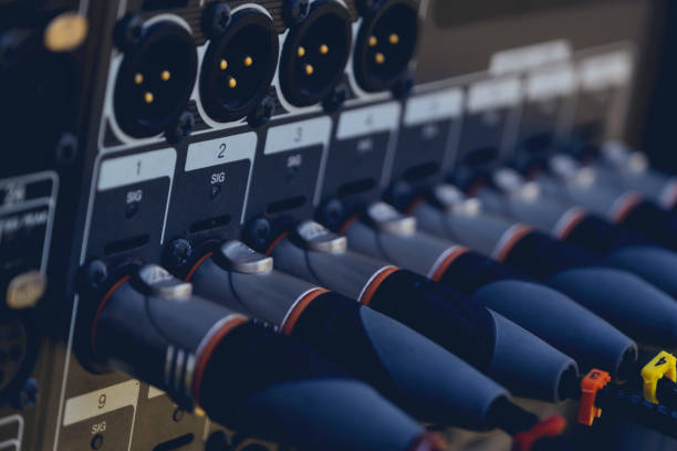 istock Audio snake and stage box with XLR cables and jacks at a live show 1277120504