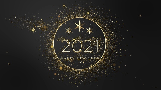 Minimalistic luxury New Year 2021 concept. Dust gold shiny glowing particles. golden luxury line border for invitation, card, sale, fashion etc. 3D rendering.\ne