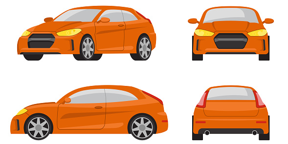 Hatchback car in different views. Orange automobile in cartoon style.