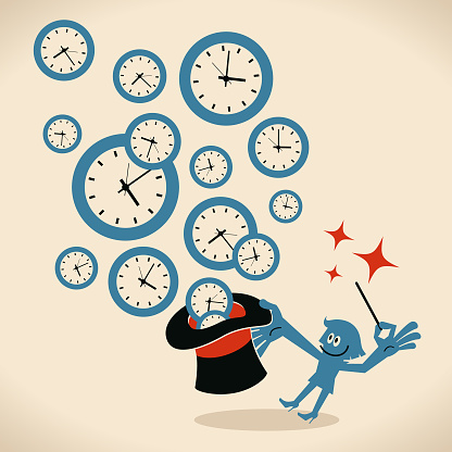 Business Characters Vector Art Illustration.
Businesswoman waving the magic wand and then plenty of time clocks flying out of the magic hat.
