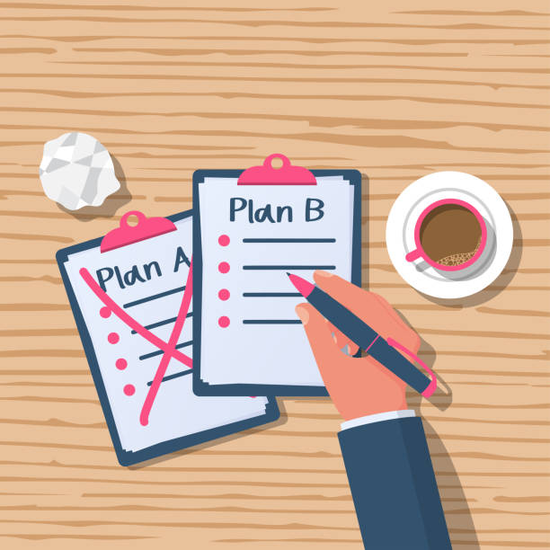 Man at the wooden table writes the plan B. Plan A failed. Man at the wooden table writes the plan B. Plan A failed. Human passes to second plan. Vector illustration flat design. Isolated on background. Success solution. Alternative idea. Write on clipboard. emergency response stock illustrations