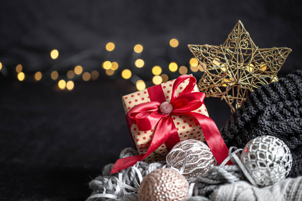 istock Christmas composition with a blurred dark background. Place for an inscription. 1277123753