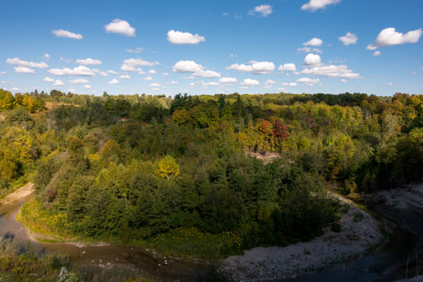 istock Fall colours in Canada - panoramic top view of deep river valley in early autumn 1277123799