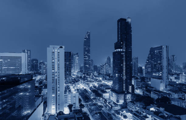 istock Futuristic blue cityscape. Bangkok city background 1277125468