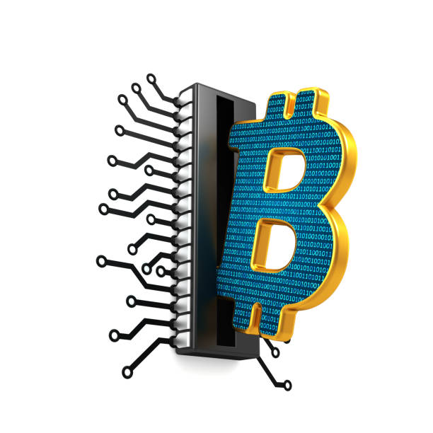 Bitcoin symbol and microchip icon. Transformation from ready cash to digital currency. Electronic microchip and digital cryptocurrency sign with binary code isolated on the white background. Money exchange. Cryptocurrency mining.