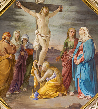 Bergamo -   The Crucifixion fresco in church Santa Maria Immacolata delle Grazie by Giuseppe Carsana (1866).