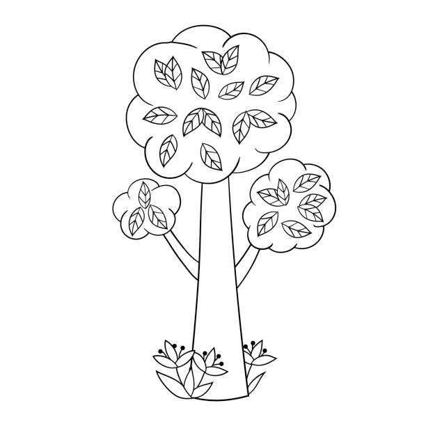 illustrations, cliparts, dessins animés et icônes de page de coloriage, arbre de griffonnage avec des feuilles - flower single flower leaf tree