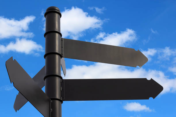 istock Blank arrow direction sign against a blurred blue sky with light clouds. Travel and trip concept. 1277128447