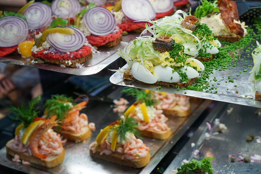 A variety of smorrebrod open faced sandwiches in Copenhagen, Denmark