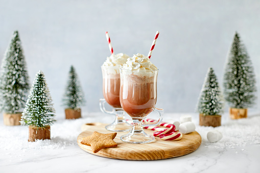Hot chocolate or coffee with whipped cream  served with a candy cane, marshmallows, and gingerbread star, front view, winter holidays treats concept