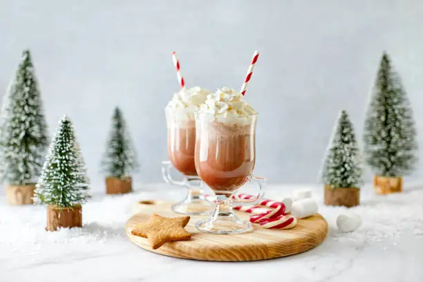 Photo of Hot chocolate or coffee with whipped cream  served with a candy cane, marshmallows, and gingerbread star