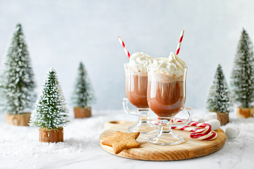 Hot chocolate or coffee with whipped cream  served with a candy cane, marshmallows, and gingerbread star, front view, winter holidays treats concept