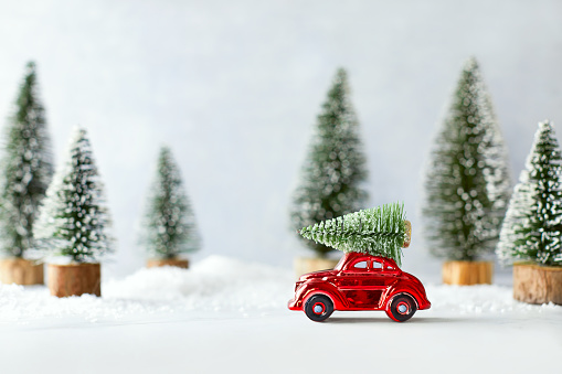 Cute winter holidays concept with retro car transporting Christmas tree, front view of artificial winter  setting