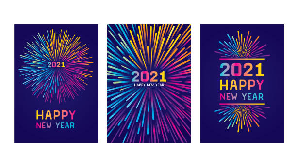 Happy new year 2021 card set Modern New year colorful fireworks. Editable set of vector illustrations on layers. 
This is an AI EPS 10 file format, with transparencies, gradients and one clipping mask. fireworks stock illustrations