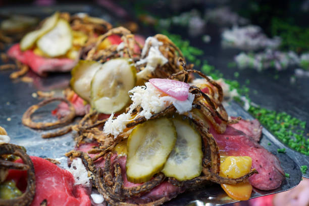 Roast beef, pickle, and horseradish smorrebrod open faced sandwiches in Copenhagen, Denmark