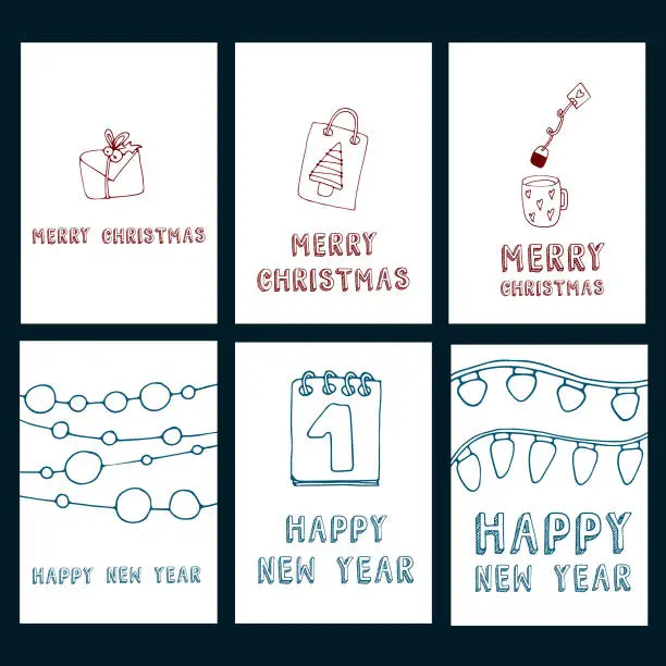 Vector illustration of Set of Merry Christmas, Happy New Year cards with text and elements. Vector design for wallpapers, invitations, prints, greeting cards, posters. A5 format on white isolated background.