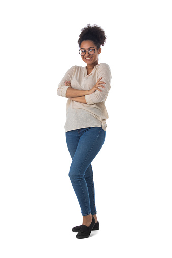 Full length portrait of african american mixed race woman isolated on white background, casual people