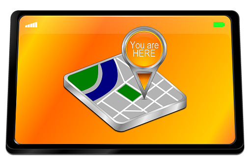 tablet computer with orange you are here map pointer - 3D illustration