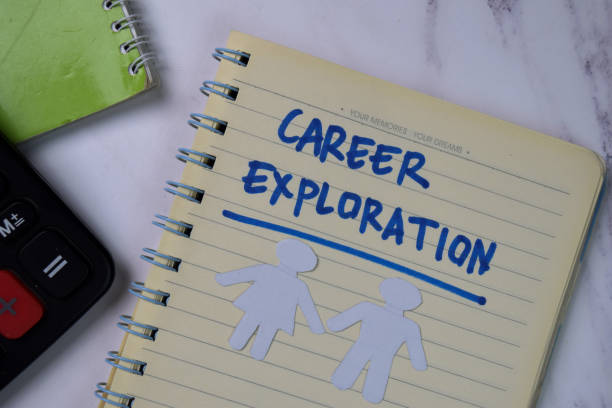 istock Career Exploration write on a book isolated wooden table. 1277138958