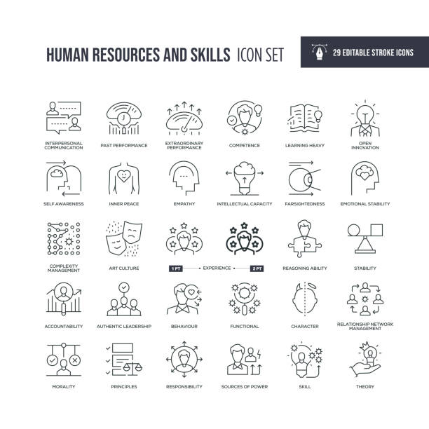 человеческие ресурсы и навыки редактируемые иконки линии хода - efficiency skill expertise performance stock illustrations