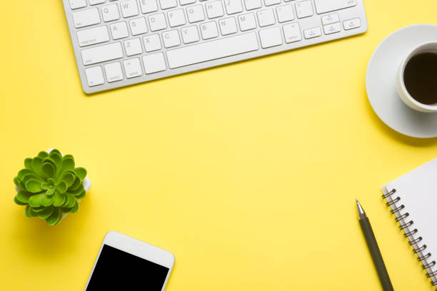 istock Office desk table with supplies. Flat lay Business workplace and objects. Top view. Copy space for text 1277141716