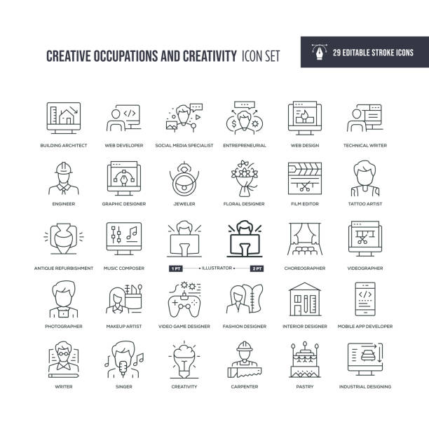 illustrations, cliparts, dessins animés et icônes de professions créatives et créativité icônes de ligne de course modifiable - interior designer