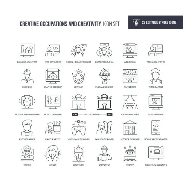 Vector illustration of Creative Occupations and Creativity Editable Stroke Line Icons