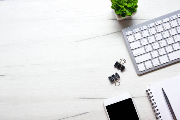 istock Office desk table with supplies. Flat lay Business workplace and objects. Top view. Copy space for text 1277142232