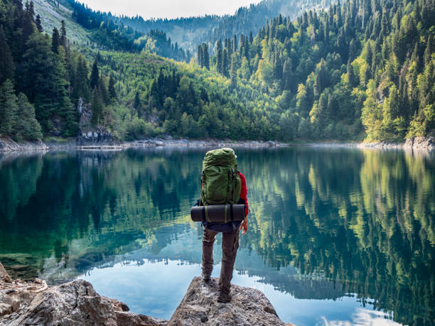 Tourist with backpack at mountain lake background Active tourist with backpack standing at mountain lake and pine wood background Hiking stock pictures, royalty-free photos & images