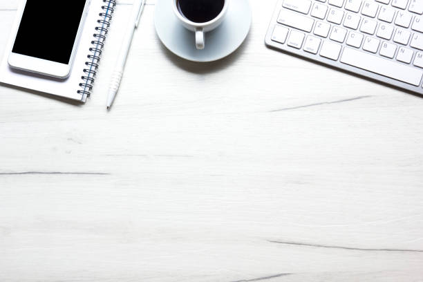 istock Office desk table with supplies. Flat lay Business workplace and objects. Top view. Copy space for text 1277142305