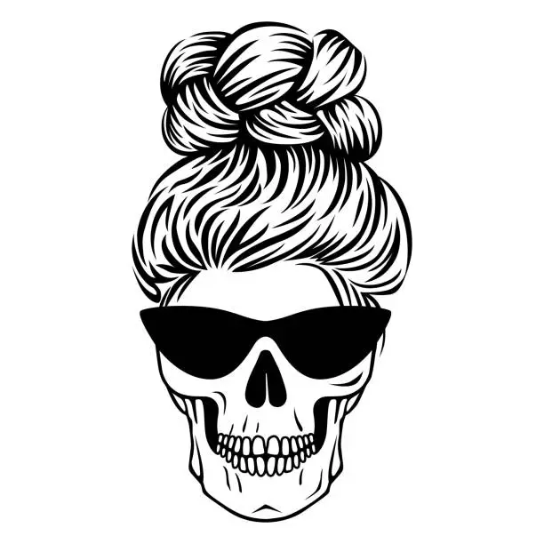 Vector illustration of Mom skull with messy bun. Mom life vector boho print.