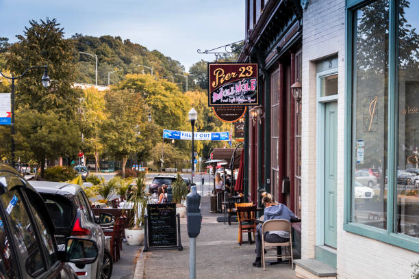 Mole Mole Restaurant on Broadway in Kingston, NY, early fall Kingston, NY / USA - September 24, 2020: Shops and Restaurants along Kingston Waterfront district early fall kingston harbour stock pictures, royalty-free photos & images