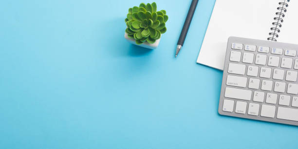 istock Office desk table with supplies. Flat lay Business workplace and objects. Top view. Copy space for text 1277143177