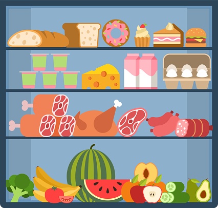 Grocery shelves. Food store assortment on refrigerator showcase, fruits and vegetables, fresh milk and meat products, bread and pastries in shelf, purchases in supermarket flat vector illustration