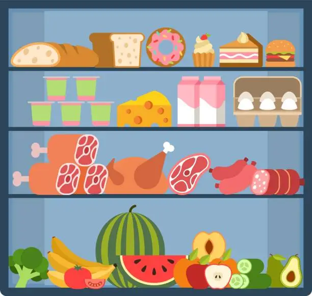 Vector illustration of Grocery shelves. Food store assortment on refrigerator showcase, fruits and vegetables, milk and meat products, bread and pastries, purchases in supermarket flat vector illustration