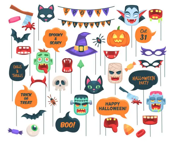 Vector illustration of Halloween props. Photo booth requisite speech bubbles with text, boo, trick or threat and holiday symbols zombie and witch hat, vampire, pumpkin and bat vector cartoon isolated set