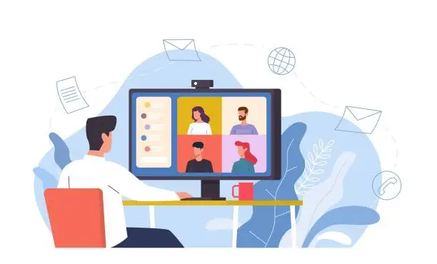 Vector illustration of Video conference. Man at desk provides collective virtual meeting using computer, online chat remote work with video screen, discussion or e-learning internet communication vector concept