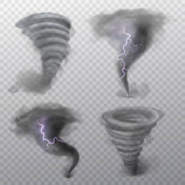 Tornado. Hurricane vortex with lightning, twister storm and thunderbolt. Whirlwind air funnel, wind swirl weather cyclone phenomenon realistic vector set on transparent background Tornado. Hurricane vortex with lightning, twister storm and thunderbolt. Whirlwind air funnel, strong wind swirl weather cyclone phenomenon 3d realistic vector set isolated on transparent background tornado stock illustrations