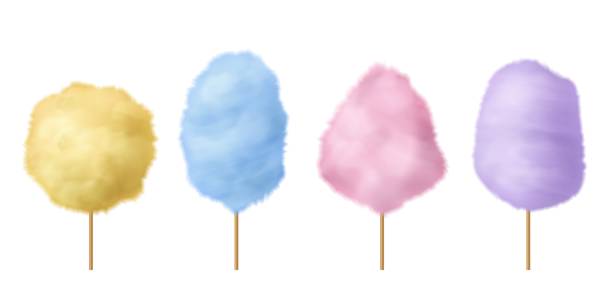 istock Cotton candy. Sweet sugar candyfloss pink, blue and yellow yummy fluffy dessert with stick, traditional carnival or festival, party or park delicious confection 3d realistic vector set 1277143591