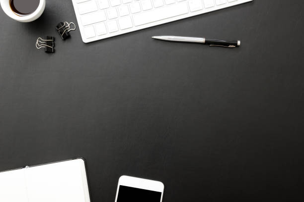istock Office desk table with supplies. Flat lay Business workplace and objects. Top view. Copy space for text 1277143741