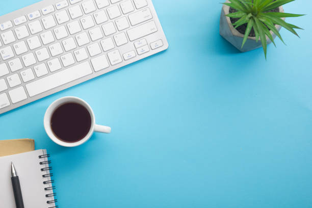 istock Office desk table with supplies. Flat lay Business workplace and objects. Top view. Copy space for text 1277144233