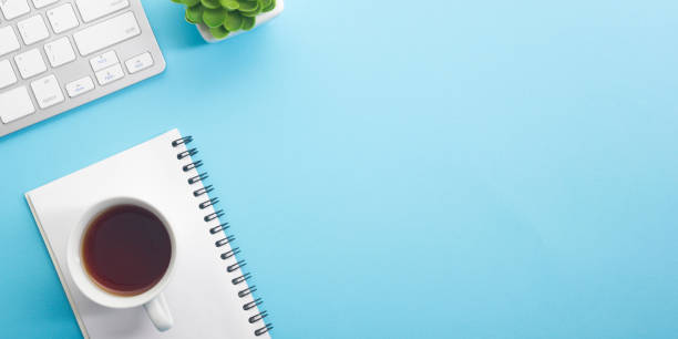 istock Office desk table with supplies. Flat lay Business workplace and objects. Top view. Copy space for text 1277145019