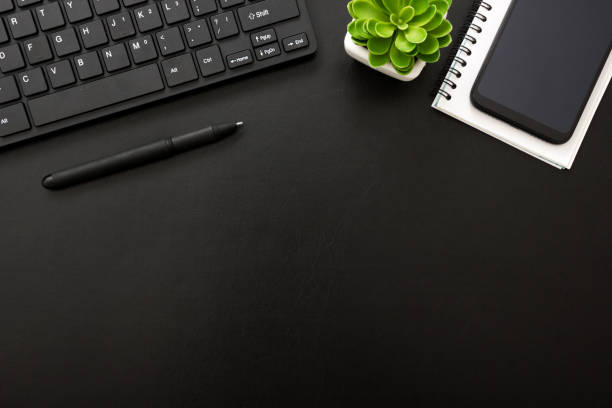 istock Office desk table with supplies. Flat lay Business workplace and objects. Top view. Copy space for text 1277145060
